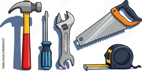 Pixel Art Illustration Of Tools Including Hammer Screwdriver Wrench Saw And Tape Measure On White Background