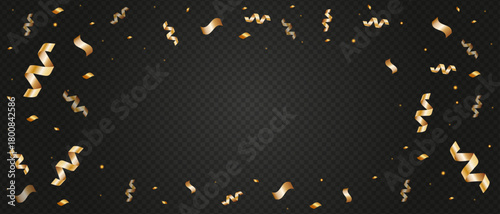 Luxurious gold streamers and confetti flying around the edges. A festive vector overlay on a transparent background for New Year's Eve, birthdays, and celebrations.
