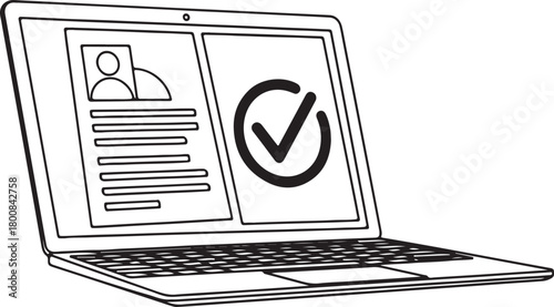 Successful online profile verification process confirmed on laptop screen displaying user account details and large circular approved checkmark confirmation