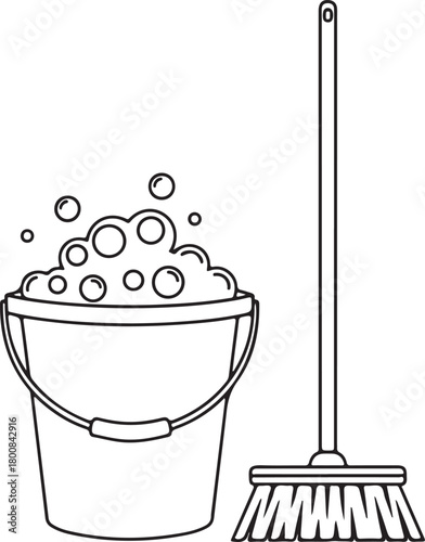 Household cleaning tools line art illustration featuring bucket filled with soapy water bubbles next to long handled industrial bristle broom sweep implement graphic
