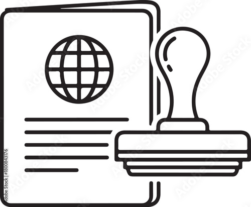 International approval vector icon showing official globe document and rubber stamping tool representing visa application or certified travel permit status.