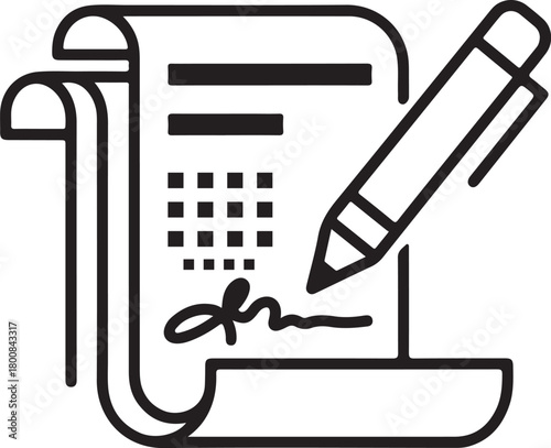 Signing legal contract icon showing rolled business document and signature created by pen representing confirmation of important transaction terms.