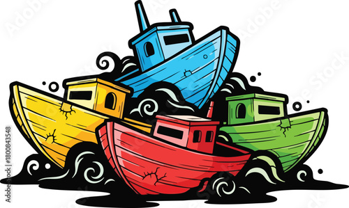 Group Of Cartoon Boats Stacked Together In Dark Water