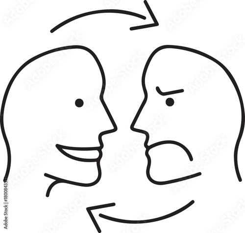 Emotional exchange cycle illustration showing opposing happy and sad human faces symbolizing psychological change feedback or communication dynamics.
