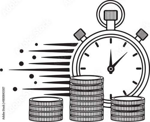 Time is money concept illustration showing stopwatch next to stacks of coins emphasizing rapid financial transactions and speed in investment.