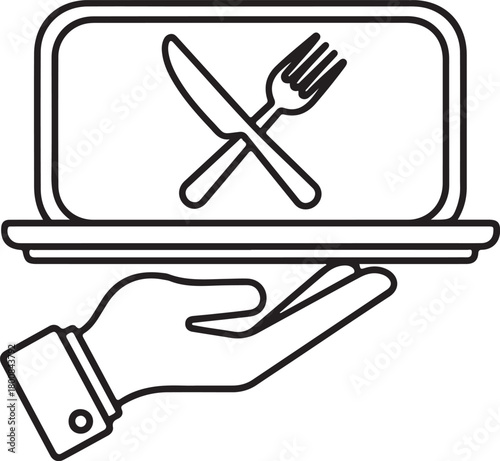 Hand holding serving tray with crossed fork and knife utensil symbolizing online food ordering service or restaurant catering application design element