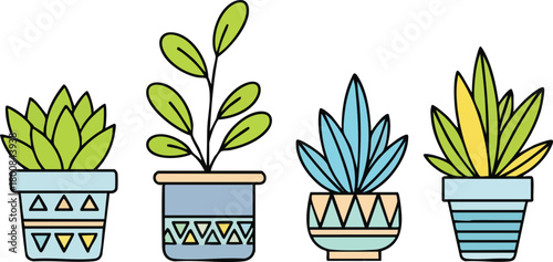 Four Potted Houseplants with Geometric Decorated Planters in Light Blue and Beige Colors