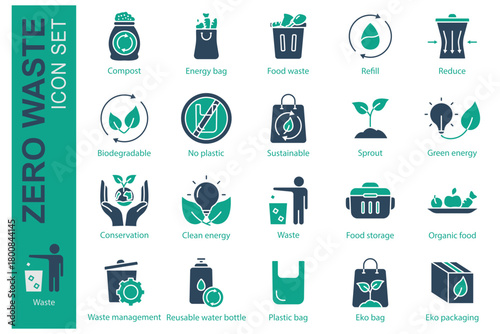 Zero waste icon set. solid icon style. containing icon compost, refill, reduce and more. zero waste element vector illustration