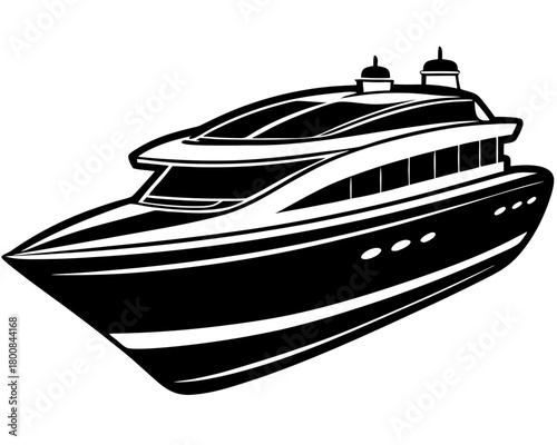 Black Silhouette of a Luxury Motor Yacht or Speedboat on Waves Vector Icon