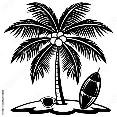 Black Silhouette of a Tropical Beach Scene with Palm Tree, Surfboard, and Beach Ball Vector