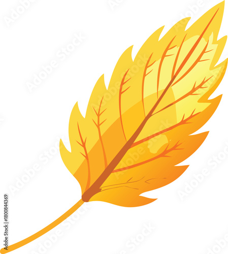 A brightly colored illustration of a single vibrant autumn leaf in golden hues