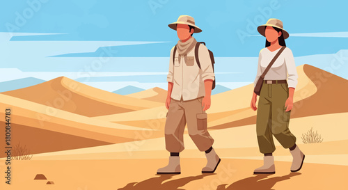Adventurous couple exploring vast desert landscape with clear blue sky, embrace wanderlust and outdoor lifestyle on incredible journey