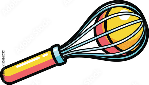 Whisk With A Yellow Egg Inside On A White Background