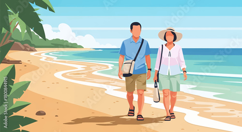Couple strolling along tranquil beach vacation getaway with calm ocean, enjoying sunny summer day in paradise, creating cherished memories forever