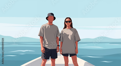 Stylish couple enjoying a summer boat trip with beautiful blue ocean backdrop, perfect for vacation, travel, or fashion marketing campaigns
