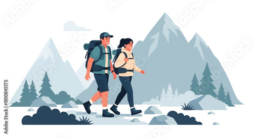 Active couple hiking together in the mountains, enjoying a healthy outdoor lifestyle and adventure in the wilderness, perfect for travel campaigns