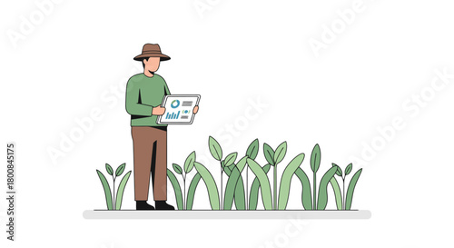 Farmer Using Digital Tablet in Field with Growing Plants Smart Agriculture Technology Concept