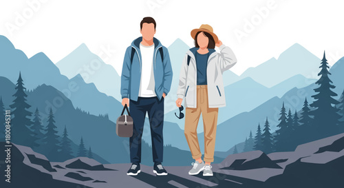 Adventurous couple ready to explore stunning mountain landscape perfect for travel blog, outdoor gear marketing, and adventure tourism promotion