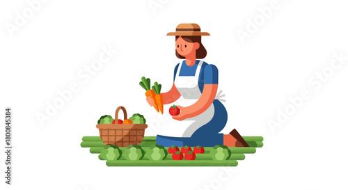 Farm Fresh Harvest Woman Farmer Picking Ripe Vegetables in a Field with Basket Organic Food Healthy Lifestyle Sustainable Agriculture