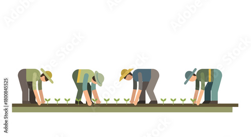 Farmers Planting Seedlings in a Row Sustainable Agriculture Concept Illustration