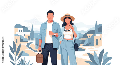 Stylish couple exploring charming Mediterranean town on summer vacation, perfect for travel blog or vacation rental website, showcasing joy and adventure