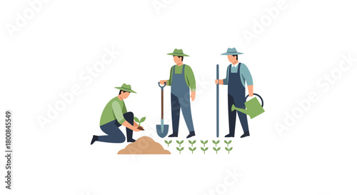 Farmers Planting Saplings and Watering New Shoots in a Field Agriculture Concept Illustration