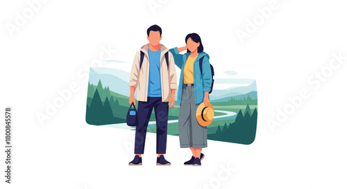 Adventure awaits young couple exploring mountains, embracing nature's beauty and creating lasting memories on summer hiking trip together