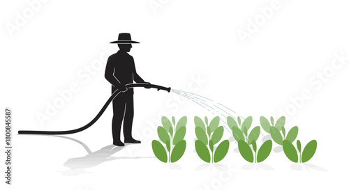 Gardener Silhouette Watering Plants with Hose Sustainable Agriculture and Organic Farming Concept