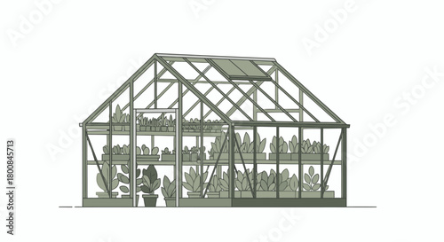 Modern Greenhouse Illustration with Lush Plants and Growing Vegetables Sustainable Urban Farming and Gardening Concept