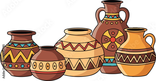 Various Rustic Clay Pottery Vessels With Geometric Patterns In Earth Tones