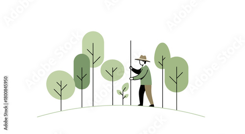 Farmer Caring for Saplings in a Lush Green Forest Sustainability Concept