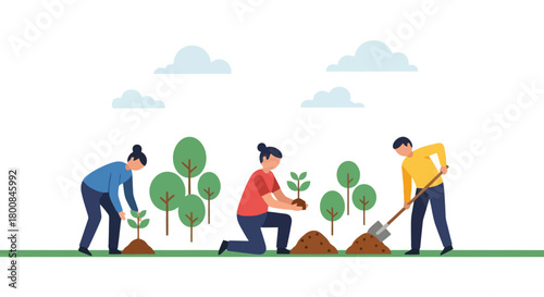 Diverse Community Planting Trees Together Outdoors Environmental Conservation and Growth Concept Vector Illustration