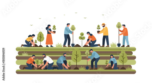Diverse Group of People Planting Trees and Saplings in a Lush Green Community Garden Ecosystem