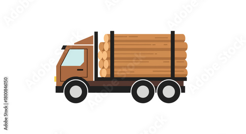 Brown Logging Truck Carrying Stacked Timber Logs on White Background Flat Design Illustration