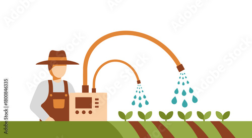 Farmer using automated smart irrigation system to water young plants in a field symbolizing precision agriculture technology and sustainable farming