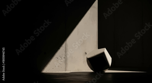 Geometric Sculpture Illuminated by Dramatic Light in Dark Space