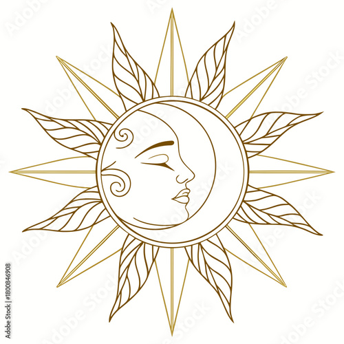Golden sun and moon with face illustration isolated on