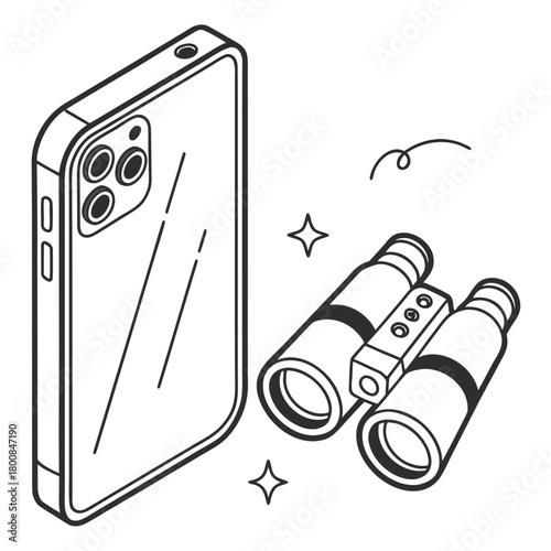 Isometric illustration of a smartphone with binoculars isolated on
