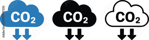 Carbon dioxide emission cloud icon set with downward arrows, illustrating environmental impact