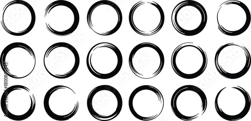 Hand drawn grunge black circle frames set. rough brush stroke round shapes collection on white.