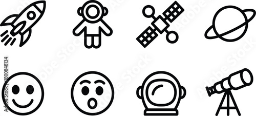 Space exploration, astronomy, and emotion outline icons: rocket, astronaut, planet, satellite.
