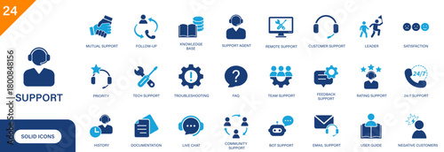 Support icon. Includes support agent, customer support, service, help. Solid vector icon set.