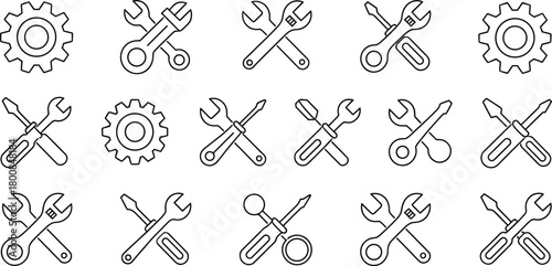 Tool icons set: crossed wrench and screwdriver, adjustable spanner, gear symbol collection for settings