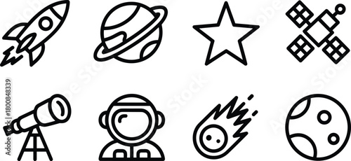 Space exploration icons set featuring rocket, planet, star, satellite, telescope, astronaut, comet, and moon.
