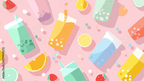 Colorful Illustrated Bubble Tea Drinks with Various Flavors and Straws.