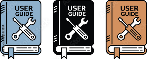 User guide book icon set with maintenance tools for technical support and repair manuals