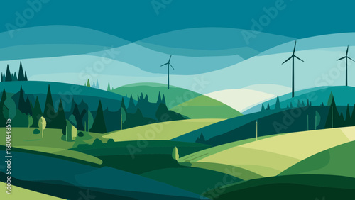 Stylized Landscape with Wind Turbines and Rolling Green Hills Illustration.