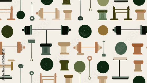 Vector Illustration of Gym Equipment Seamless Pattern in Earthy Tones.