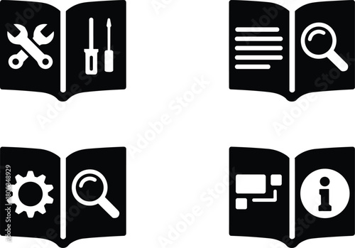User manual icons: repair, search, settings, and information for digital documentation