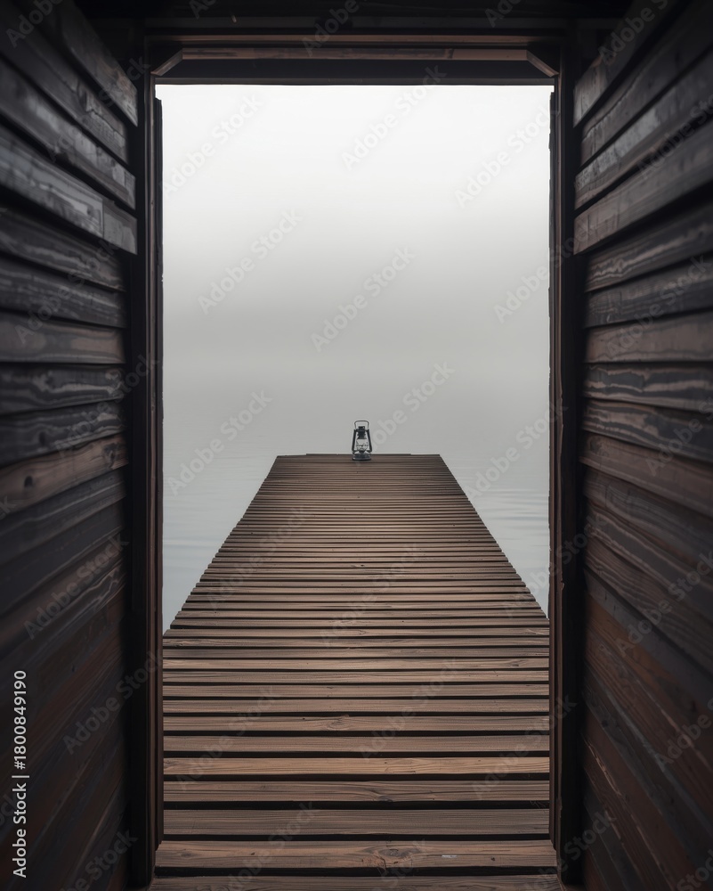 Fototapeta premium A solitary figure stands at the end of a wooden pier on a misty day overlooking a calm sea